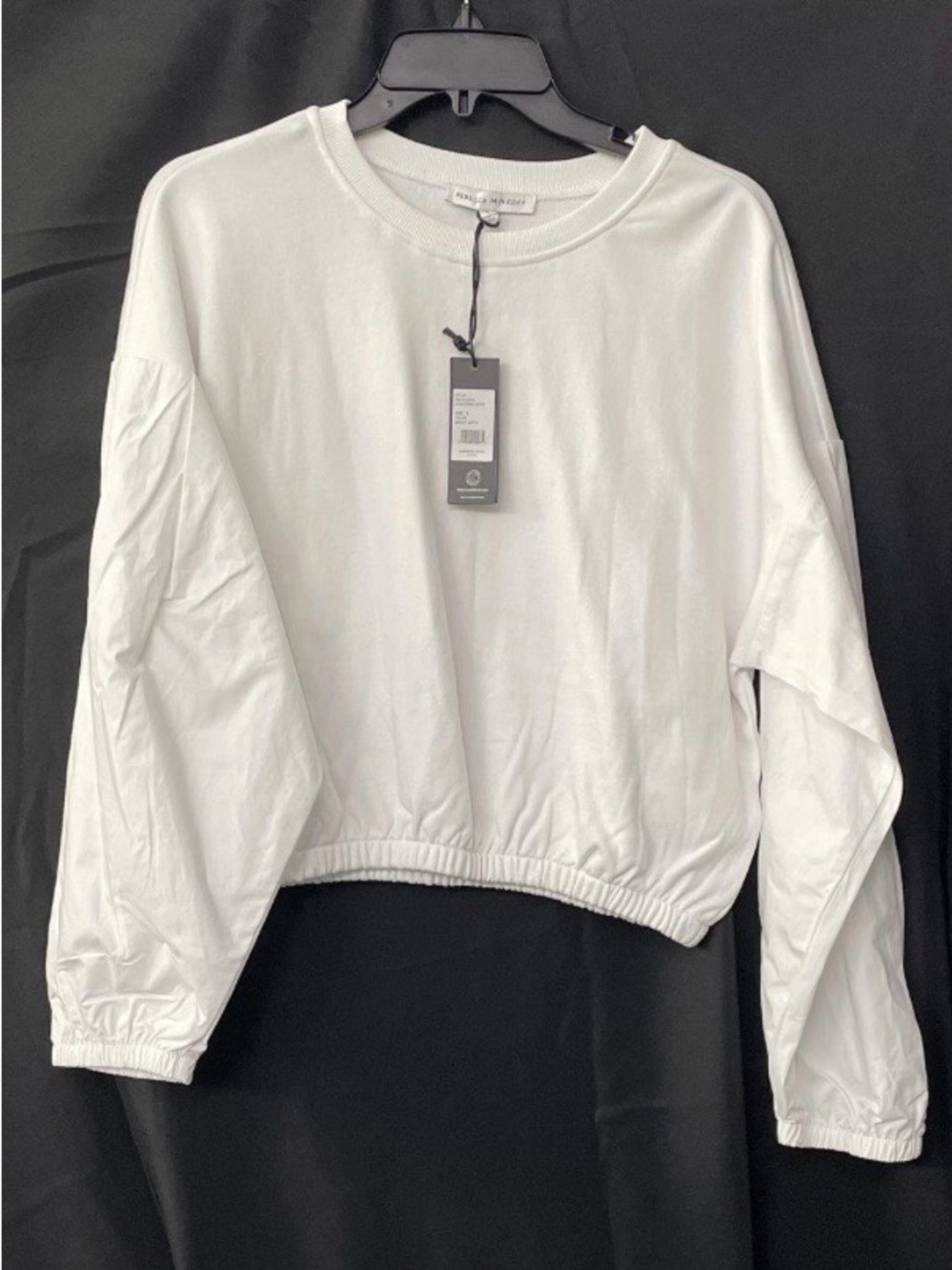 NWT Rebecca Minkoff White Elastic-Hem Long Sleeve Top with fun textured sleeves